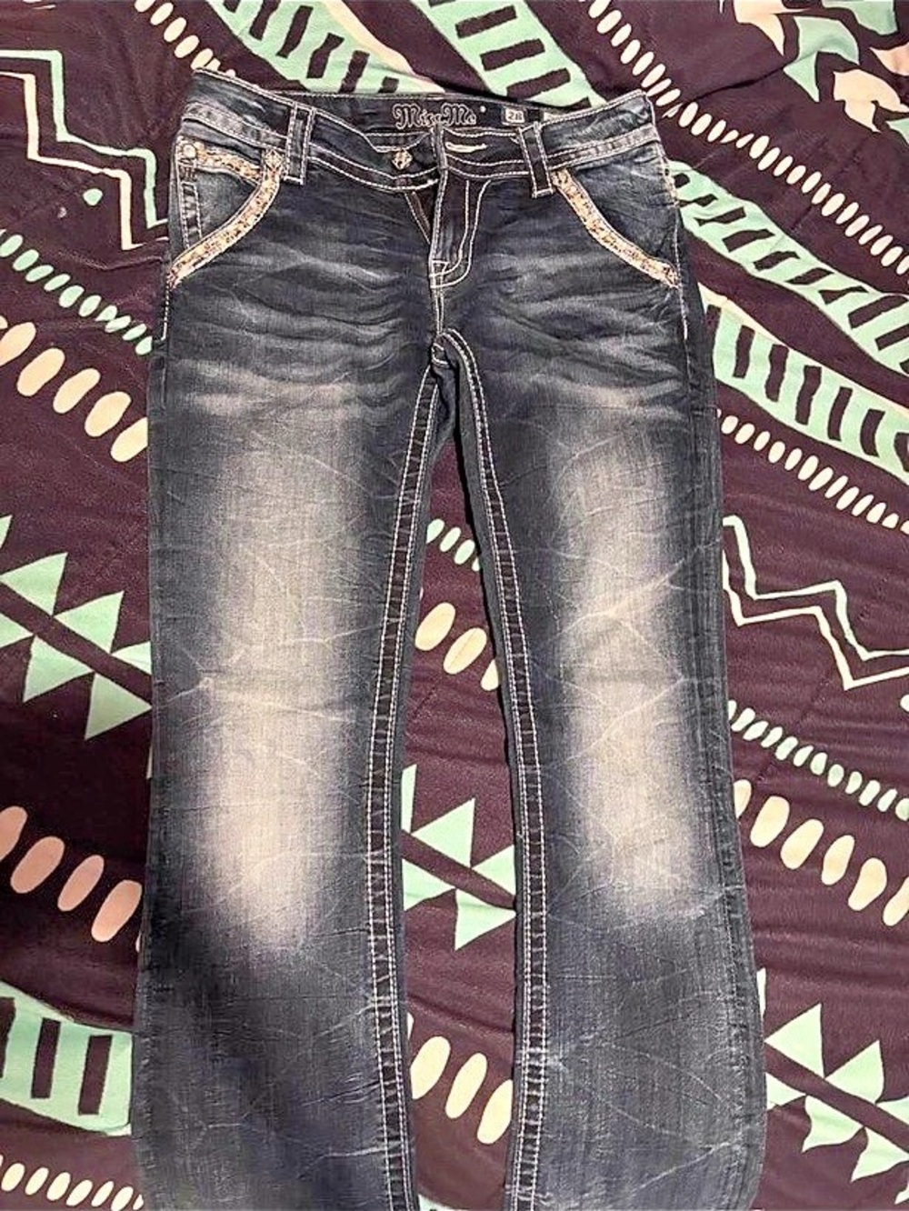 Miss Me Signature Slim Bootcut Rhinestone Embellished Jeans Black Waist 28